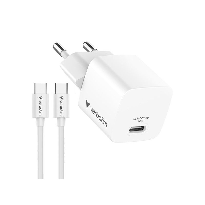 Verbatim, Mini GaN nabíječka s kabelem 1 x USB-C, bílá, 20 W, Power Delivery 3.0