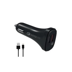 WG - Autonabíječka 2x USB, Quick Charge 3.0 5,4 A, + kabel USB-A na Lightning MFI, černá