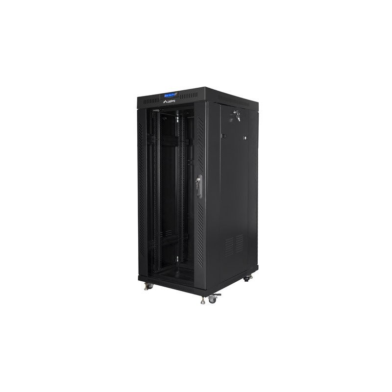 19" Volně stojící racková skříň 27U/600X800 (Flat Pack) S prosklenými dveřmi LCD černá Lanberg V2