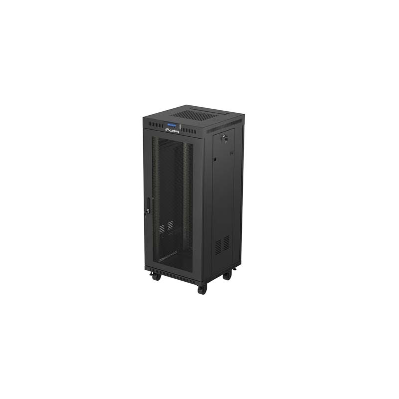 19" Volně stojící racková skříň 27U/600X600 (Flat Pack) se síťovanými dveřmi LCD černá Lanberg V2