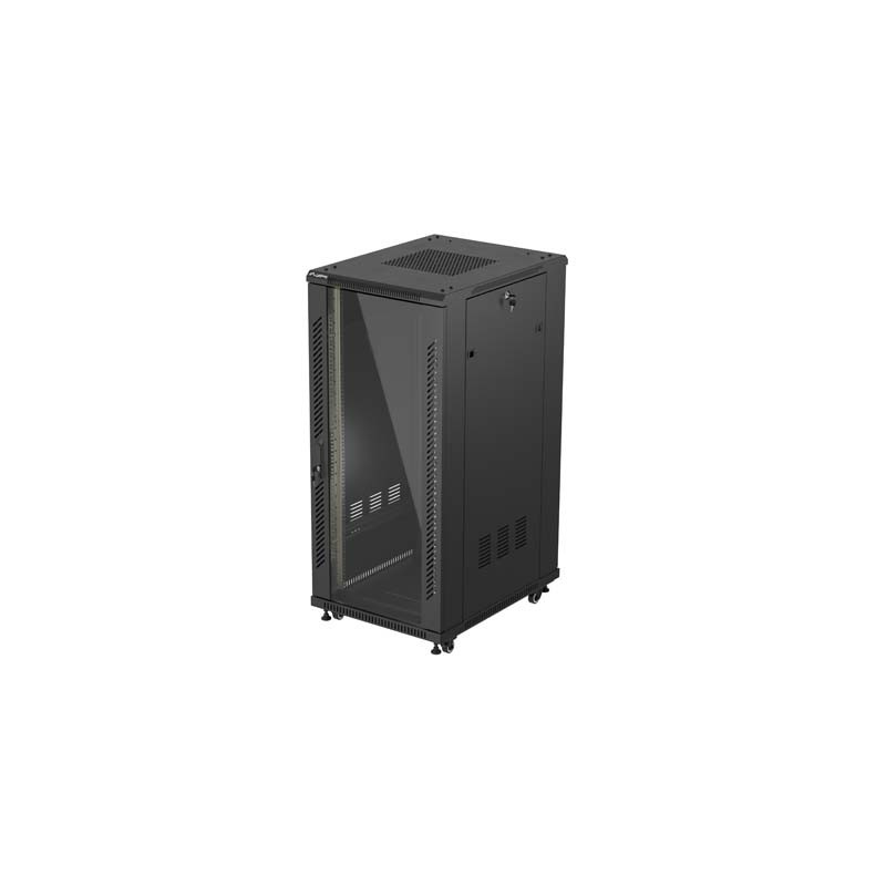 19" Volně stojící racková skříň 27U/600X800 (Flat Pack) S prosklenými dveřmi černá Lanberg