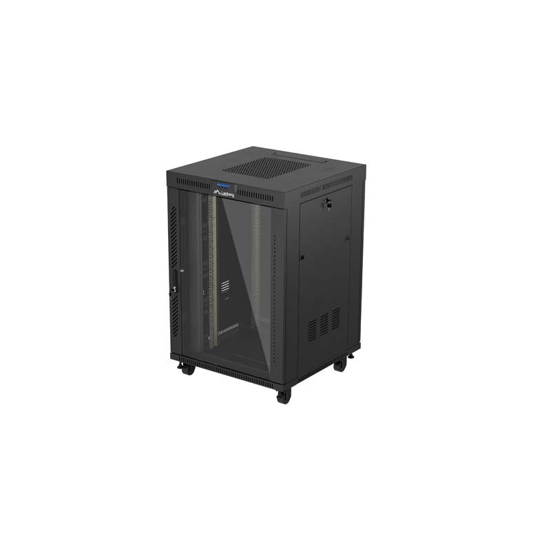 19" Volně stojící racková skříň 22U/800X800 (Flat Pack) S prosklenými dveřmi LCD černá Lanberg V2