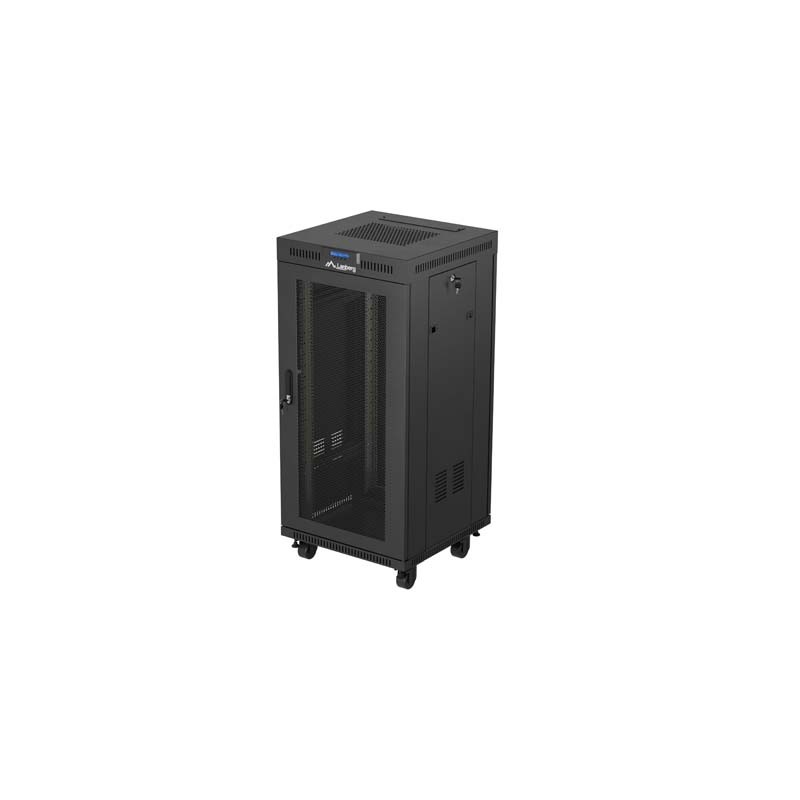 19" Volně stojící racková skříň 24U 600X600 černá S perforovanými dveřmi Lanberg (Flat Pack) V2