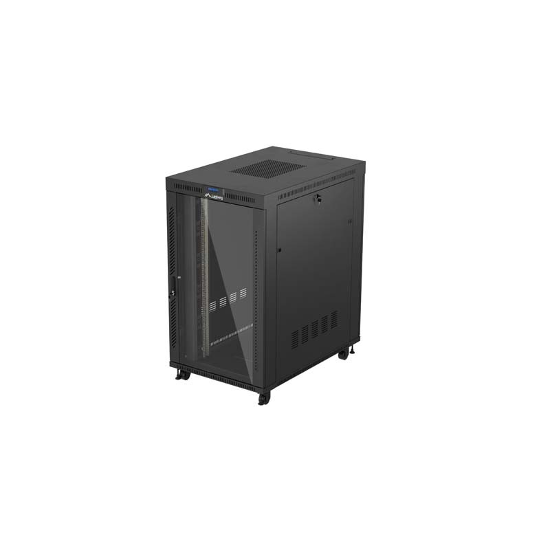 19" Volně stojící racková skříň 27U/800X1200 (Flat Pack) S prosklenými dveřmi LCD černá Lanberg