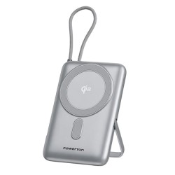 Powerton ENERGY MAGCORE bezdrátová magnetická powerbanka 10000mAh, 1x USB-C, 22.5W, integrovaný kabel USB-C, Stříbrná
