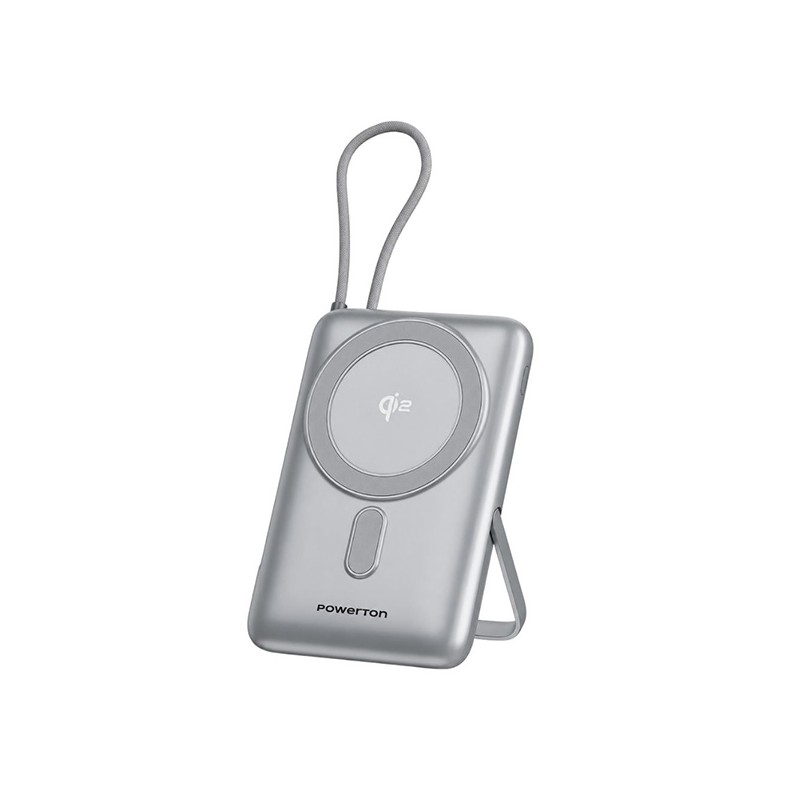 Powerton ENERGY MAGCORE bezdrátová magnetická powerbanka 10000mAh, 1x USB-C, 22.5W, integrovaný kabel USB-C, Stříbrná