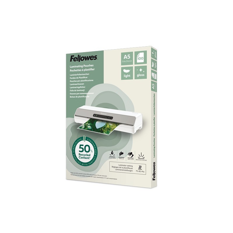 Laminovací fólie Fellowes A5 80 mic z recyklovaného materiálu (50%), lesklé