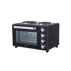 ORAVA Elektra X48 elektrická trouba s dvouplotýnkou 48 l černá, 2600 W, otočný rožeň, litinové plotýnky
