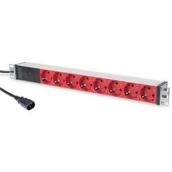 DIGITUS 1U Hliníkové PDU, do stojanu, C14- 8x červený CEE 7/7 10A zástrčka, 250VAC 50/60 Hz