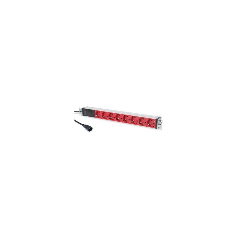DIGITUS 1U Hliníkové PDU, do stojanu, C14- 8x červený CEE 7/7 10A zástrčka, 250VAC 50/60 Hz