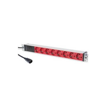 DIGITUS 1U Hliníkové PDU, do stojanu, C14- 8x červený CEE 7/7 10A zástrčka, 250VAC 50/60 Hz