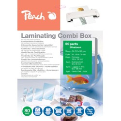 PEACH laminovací Combi Box 50, lam. fólie 10ks A4, 10ks A5, 15ks foto 10x 15cm, 5ks vizitka, 5x štítek, 80 micronů
