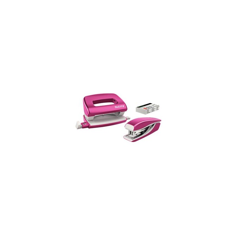 LEITZ Set mini sešívačky a děrovačky WOW, metalická růžová