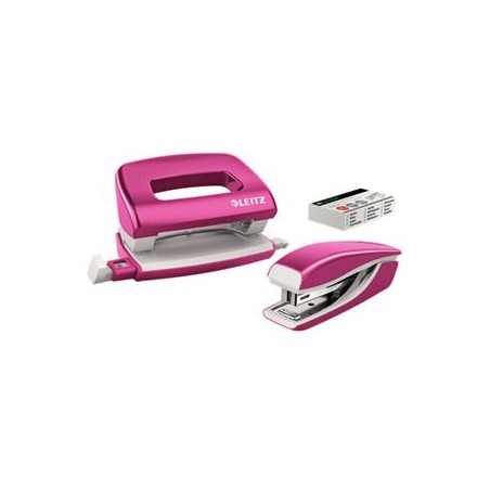 LEITZ Set mini sešívačky a děrovačky WOW, metalická růžová