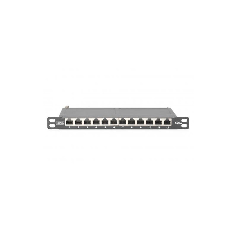 DIGITUS CAT 6A, propojovací panel třídy EA, stíněný, 12 portů, 0,5U, 10 ", černý