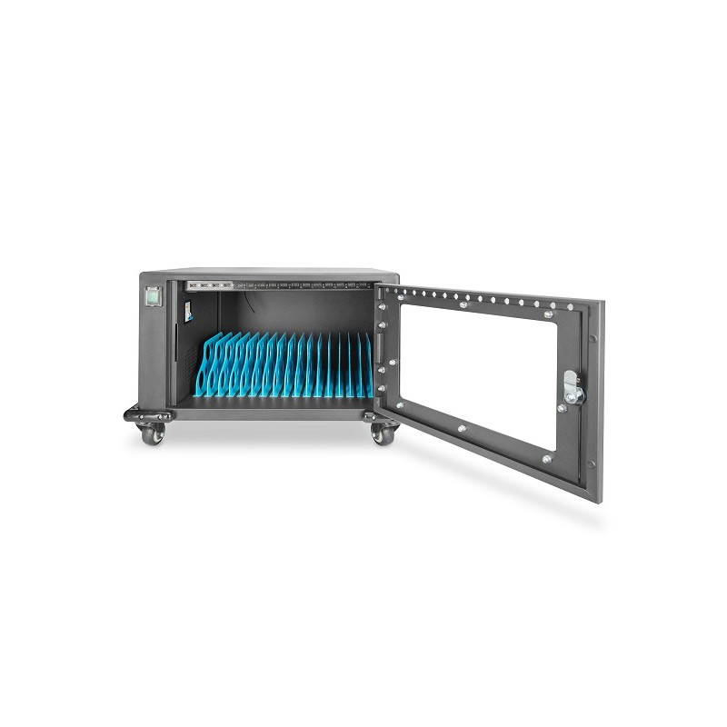 DIGITUS Nabíjecí vozík pro tablety 16 nabíjecích základen pro až 14" zařízení, el. zámek, černý 384 x 550 x 375 mm