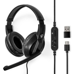 Nedis CHSTU210BK - PC sluchátka| Přes Uši | Stereo | USB Typ-C / USB-A | Sklopnou Mikrofon | Černá