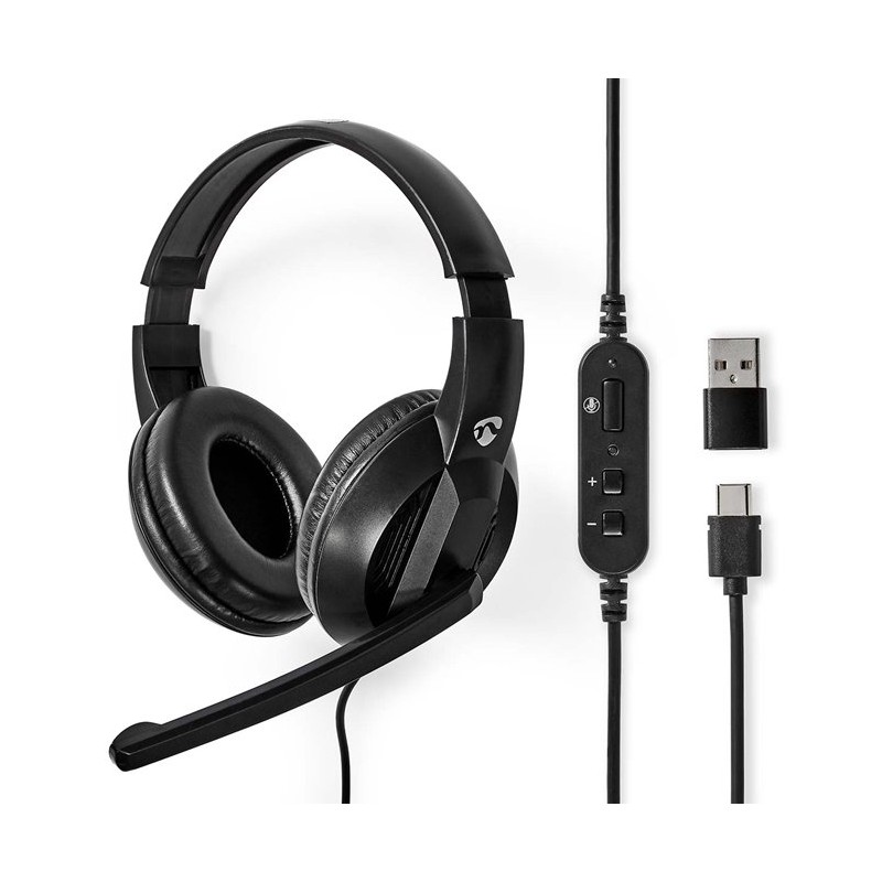 Nedis CHSTU210BK - PC sluchátka| Přes Uši | Stereo | USB Typ-C / USB-A | Sklopnou Mikrofon | Černá