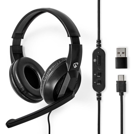 Nedis CHSTU210BK - PC sluchátka| Přes Uši | Stereo | USB Typ-C / USB-A | Sklopnou Mikrofon | Černá