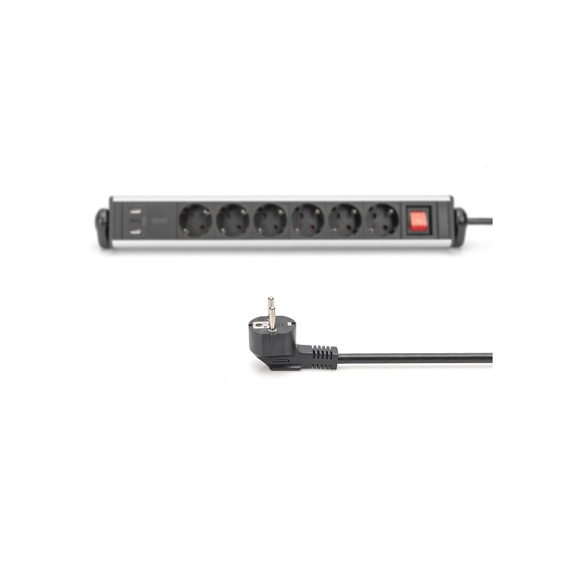 Digitus Prodlužovací přívod 230V 1,5m 6 zásuvek+vypínač+2xUSB-A+1xUSB-C