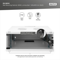 DIGITUS DN-38010 Nástěnná skříň 4U, SOHO, nemontovaná 241x540x400 mm, celoskleněné přední dveře, šedá (RAL 7035)
