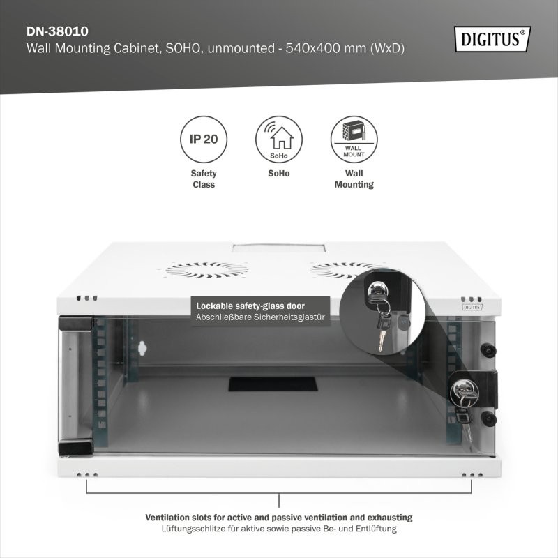 DIGITUS DN-38010 Nástěnná skříň 4U, SOHO, nemontovaná 241x540x400 mm, celoskleněné přední dveře, šedá (RAL 7035)