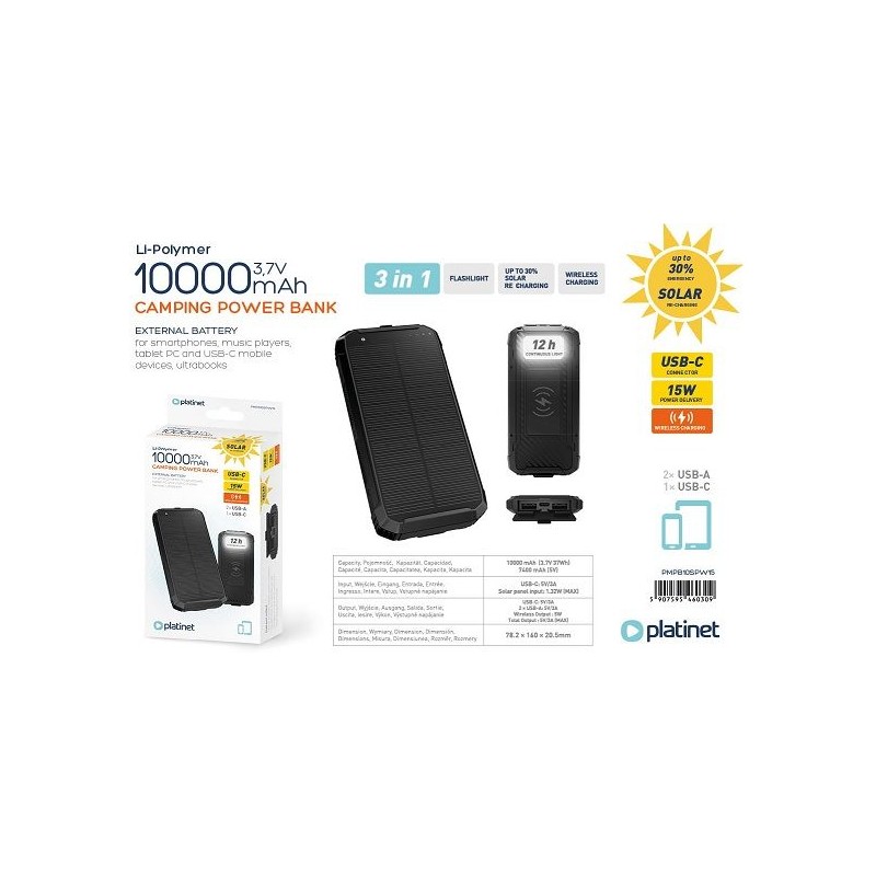 PLATINET POWERBANK 10000 mAh SOLAR PANEL WIRELESS CHARGER 15W 2X USB-A, 1X USB-C
