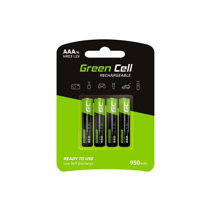 Green Cell Rechargeable Batteries 4x AAA HR03 950mAh