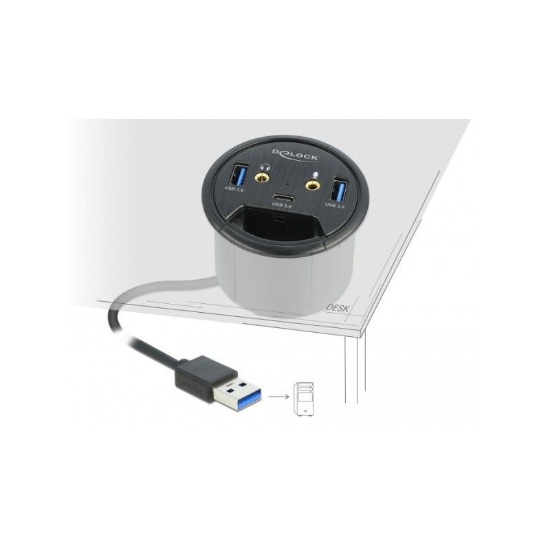 Delock Tříportový stolní rozbočovač USB 1 x USB Type-C a 2 x USB Typu-A + porty HD-Audio