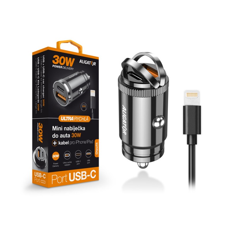 Aligator mini nabíječka do auta Power Delivery 30W,USB-C + USB-A, USB-C kabel pro iPhone/iPad