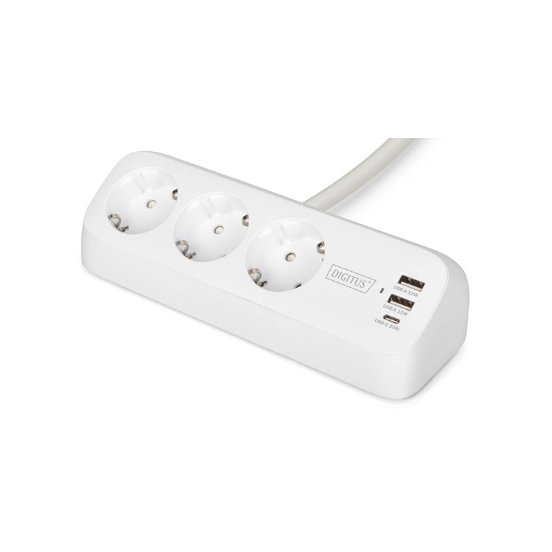 DIGITUS 3cestný kancelářský prodlužovací kabel s 2x USB-A a 1x USB-C porty, bílý