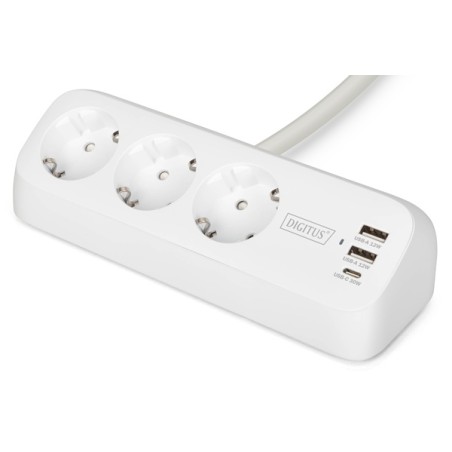 DIGITUS 3cestný kancelářský prodlužovací kabel s 2x USB-A a 1x USB-C porty, bílý