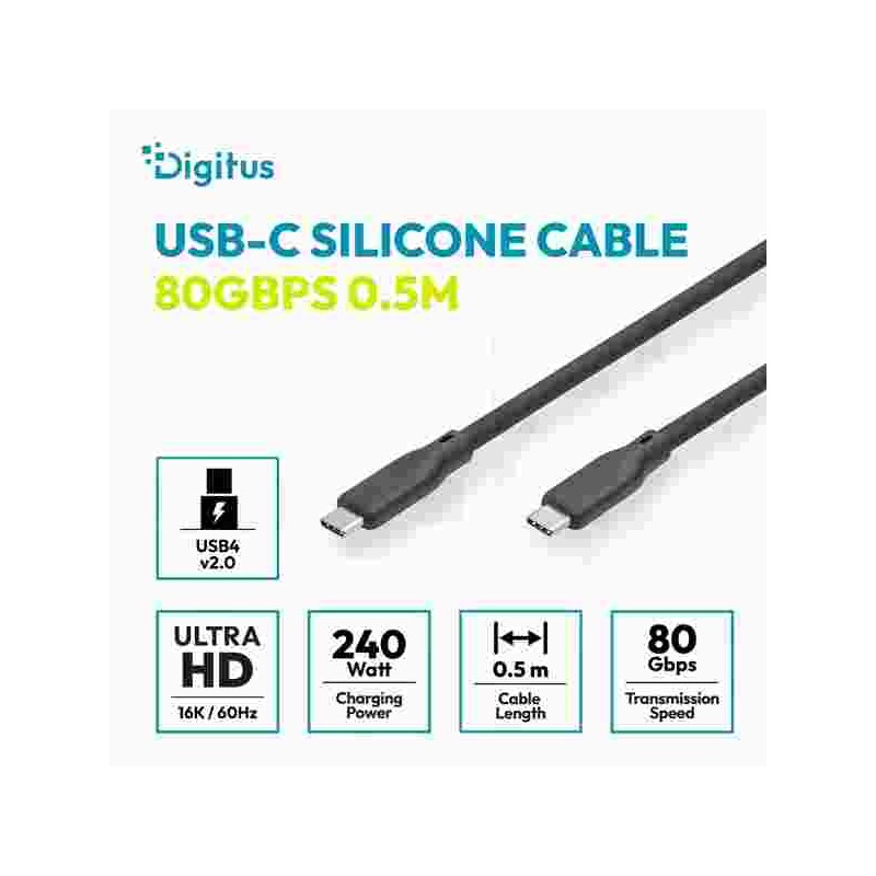 Digitus silikonový kabel USB4 verze 2.0, USB 80 Gbps, 0,5 m, černý