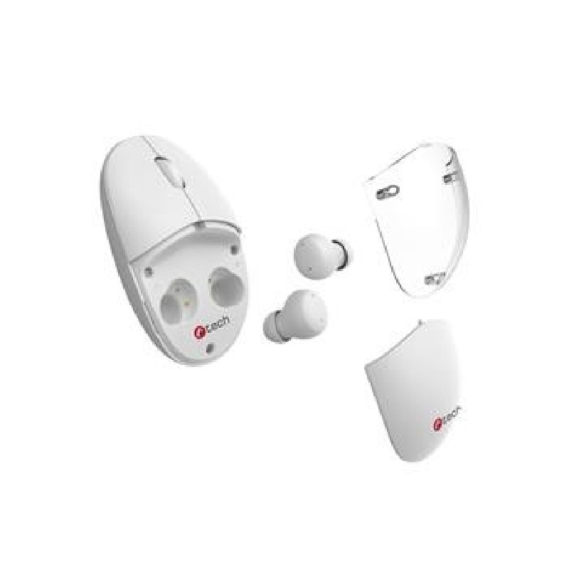 C-TECH myš s TWS sluchátky Dual mode WLM-21, bezdrátová, BT5.0 + 2,4GHz, 1600DPI, 3 tlačítka, USB nano receiver, bílá