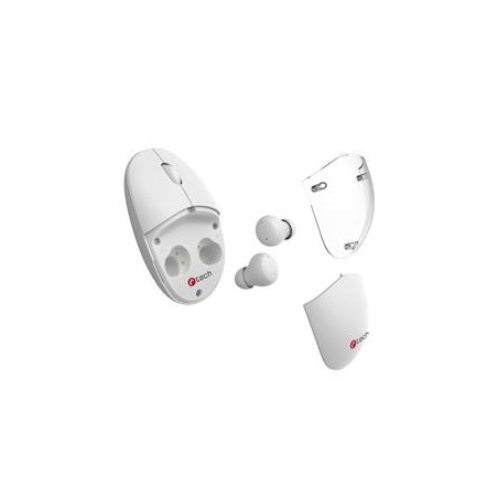 C-TECH Myš s TWS sluchátky WLM-21 Dual mode, bezdrátová, BT5.0 + 2,4GHz, 1600DPI, 3 tlačítka, USB nano receiver, bílá