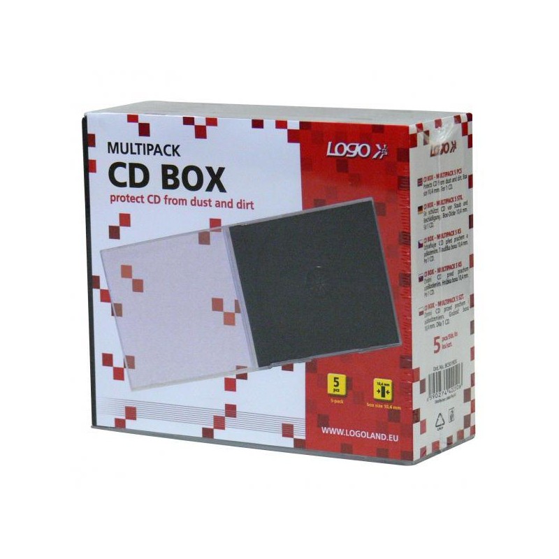 Box na 1 ks CD, průhledný, černý tray, Logo, 10,4 mm, 5-pack, DOPRODEJ