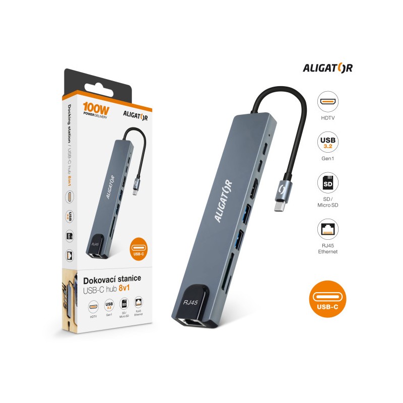 Aligator Dokovací stanice USB-C / Hub 8v1 (USB-C / 2xUSB / SD / MicroSD/ HDTV / RJ45)