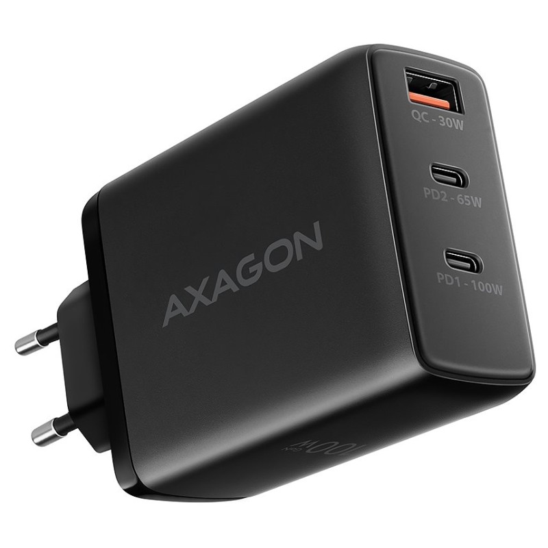 AXAGON ACU-DPQ100, GaN nabíječka do sítě 100W, 3x port (USB-A + dual USB-C), PD3.0/PPS/QC4+/Apple, černá