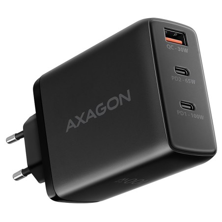 AXAGON ACU-DPQ100, GaN nabíječka do sítě 100W, 3x port (USB-A + dual USB-C), PD3.0/PPS/QC4+/Apple, černá